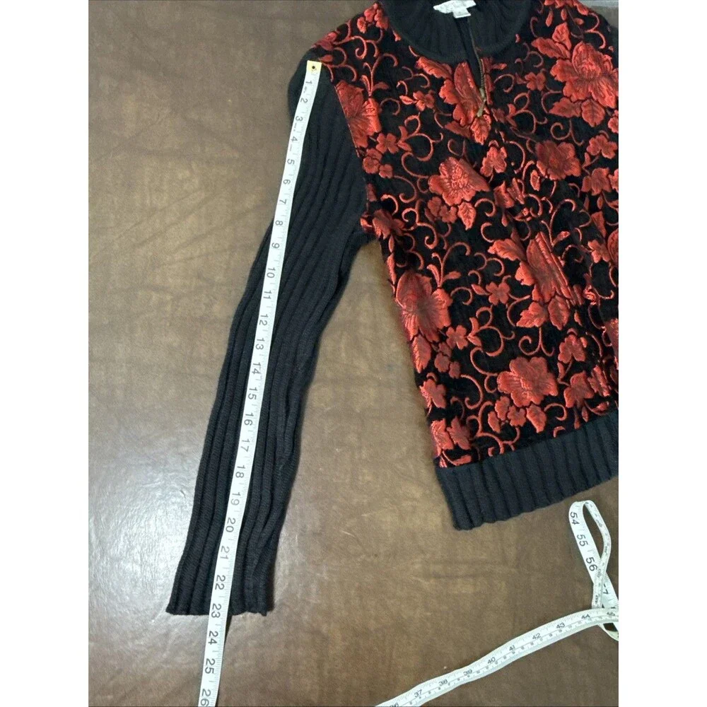 CHRISTOPHER & BANKS Black Zip Cable Sweater w/ Bright Red 